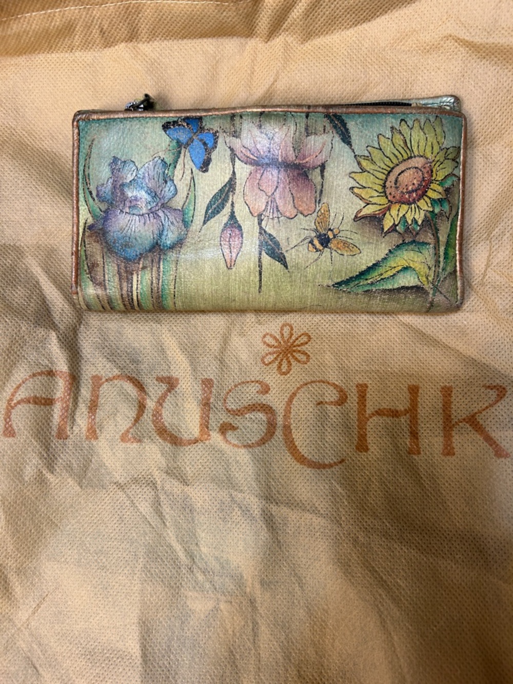 Anuschka Hand-Painted Floral Leather Wallet in Green and Yellow